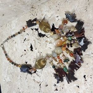 Vintage Wood Carved Animals/Semi-precious Stones Bead Necklace